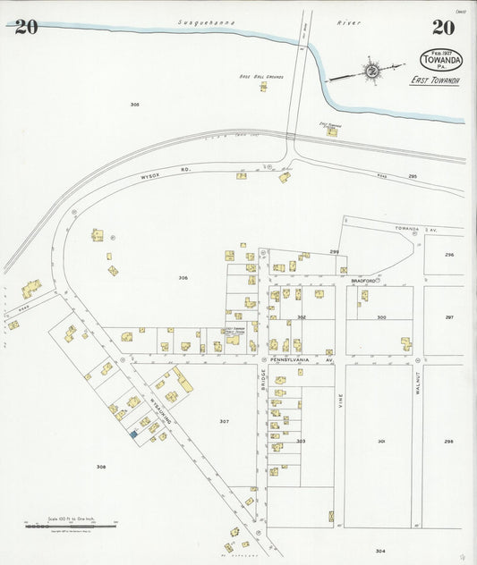 Sanborn Fire Insurance Map from Towanda, Bradford County, Pennsylvania (1927), Sheet #0020 - Historic Sanborn Fire Insurance Map Print, vintage old map wall art, antique decor, genealogy gift, Pennsylvania Pennsylvania map