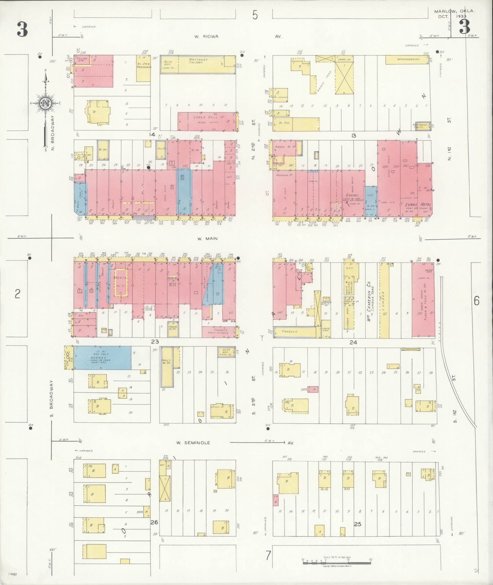 Sanborn Fire Insurance Map from Marlow, Stephens County, Oklahoma (1933), Sheet #0003 - Complete Map Set gallery image, historic Sanborn map, vintage wall art, Oklahoma Oklahoma