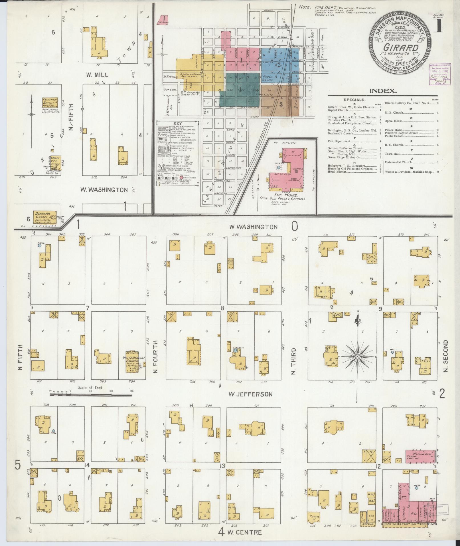 Sanborn Fire Insurance Map from Girard, Macoupin County, Illinois (1906), Sheet #0001 - Complete Map Set gallery image, historic Sanborn map, vintage wall art, Illinois Illinois