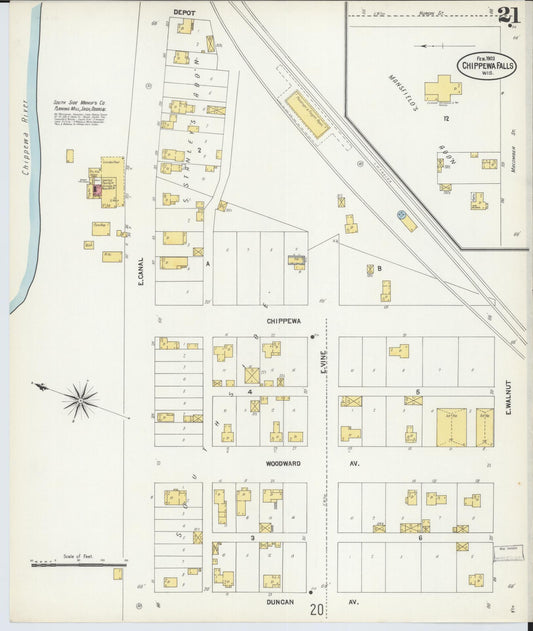 Sanborn Fire Insurance Map from Chippewa Falls, Chippewa County, Wisconsin (1903), Sheet #0021 - Historic Sanborn Fire Insurance Map Print, vintage old map wall art, antique decor, genealogy gift, Wisconsin Wisconsin map