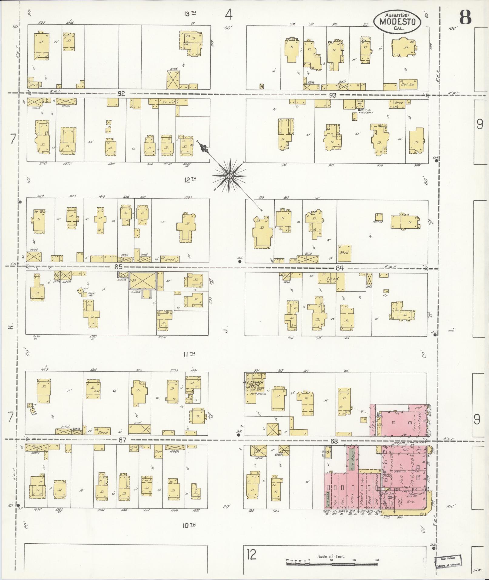 Sanborn Fire Insurance Map from Modesto, Stanislaus County, California (1907), Sheet #0008 - Historic Sanborn Fire Insurance Map Print, vintage old map wall art, antique decor, genealogy gift, California California map