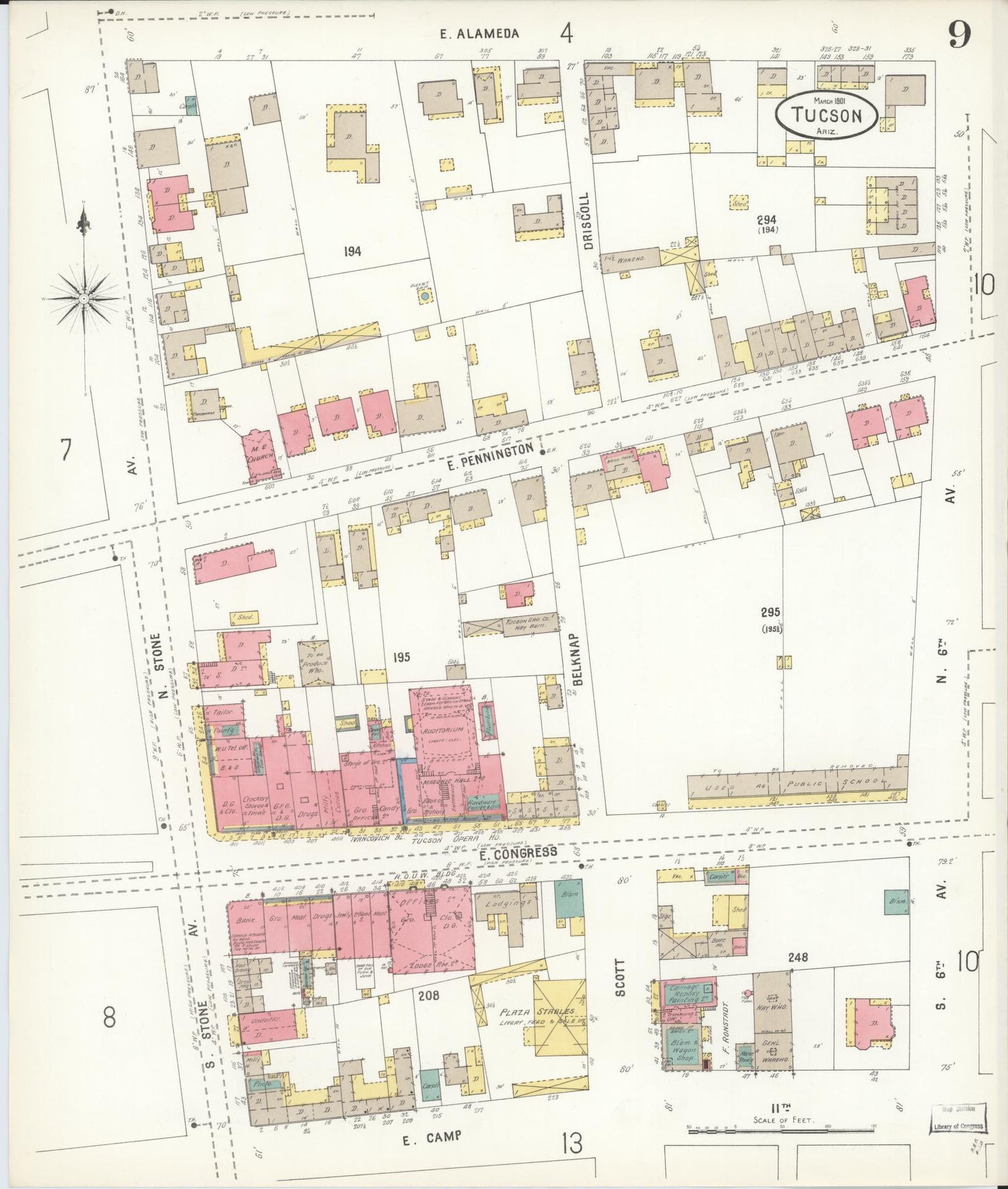 Sanborn Fire Insurance Map from Tucson, Pima County, Arizona (1901), Sheet #0009 - Complete Map Set gallery image, historic Sanborn map, vintage wall art, Arizona Arizona