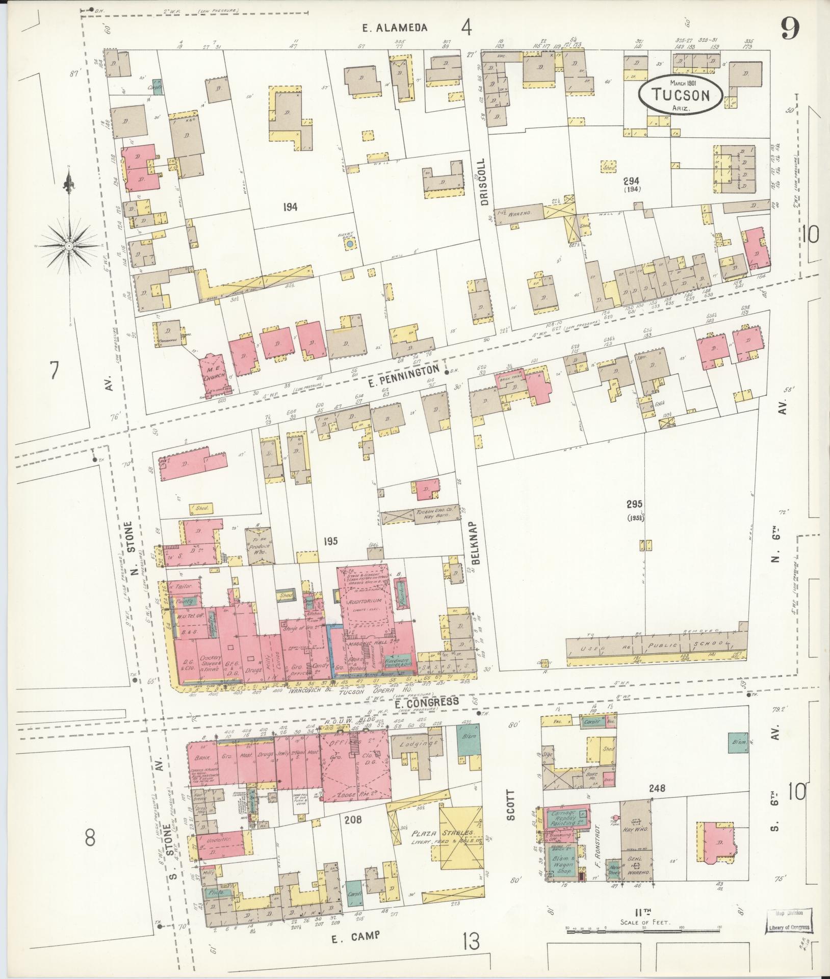 Sanborn Fire Insurance Map from Tucson, Pima County, Arizona (1901), Sheet #0009 - Complete Map Set gallery image, historic Sanborn map, vintage wall art, Arizona Arizona