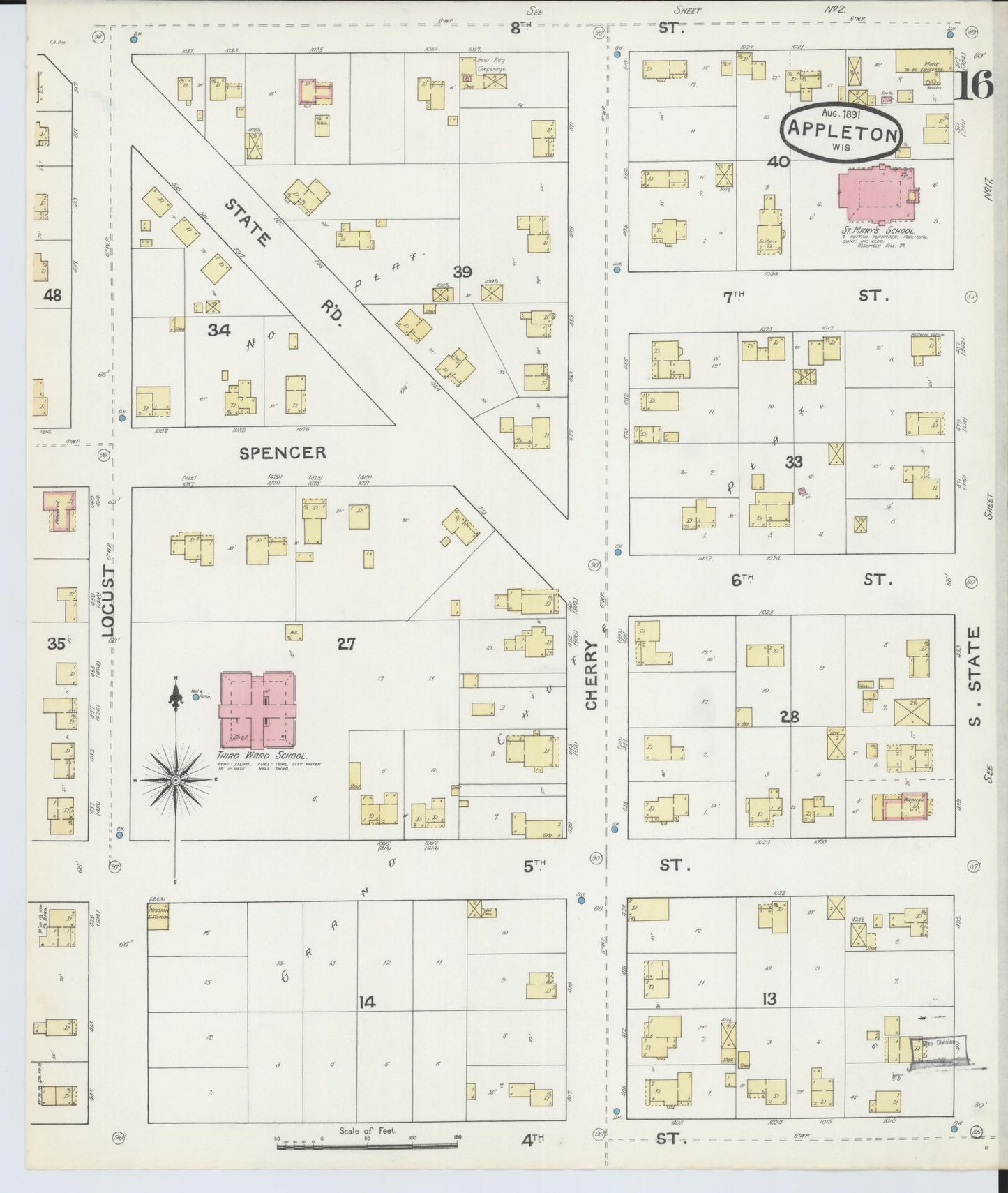 Sanborn Fire Insurance Map from Appleton, Outagamie County, Wisconsin (1891), Sheet #0016 - Historic Sanborn Fire Insurance Map Print, vintage old map wall art, antique decor, genealogy gift, Wisconsin Wisconsin map