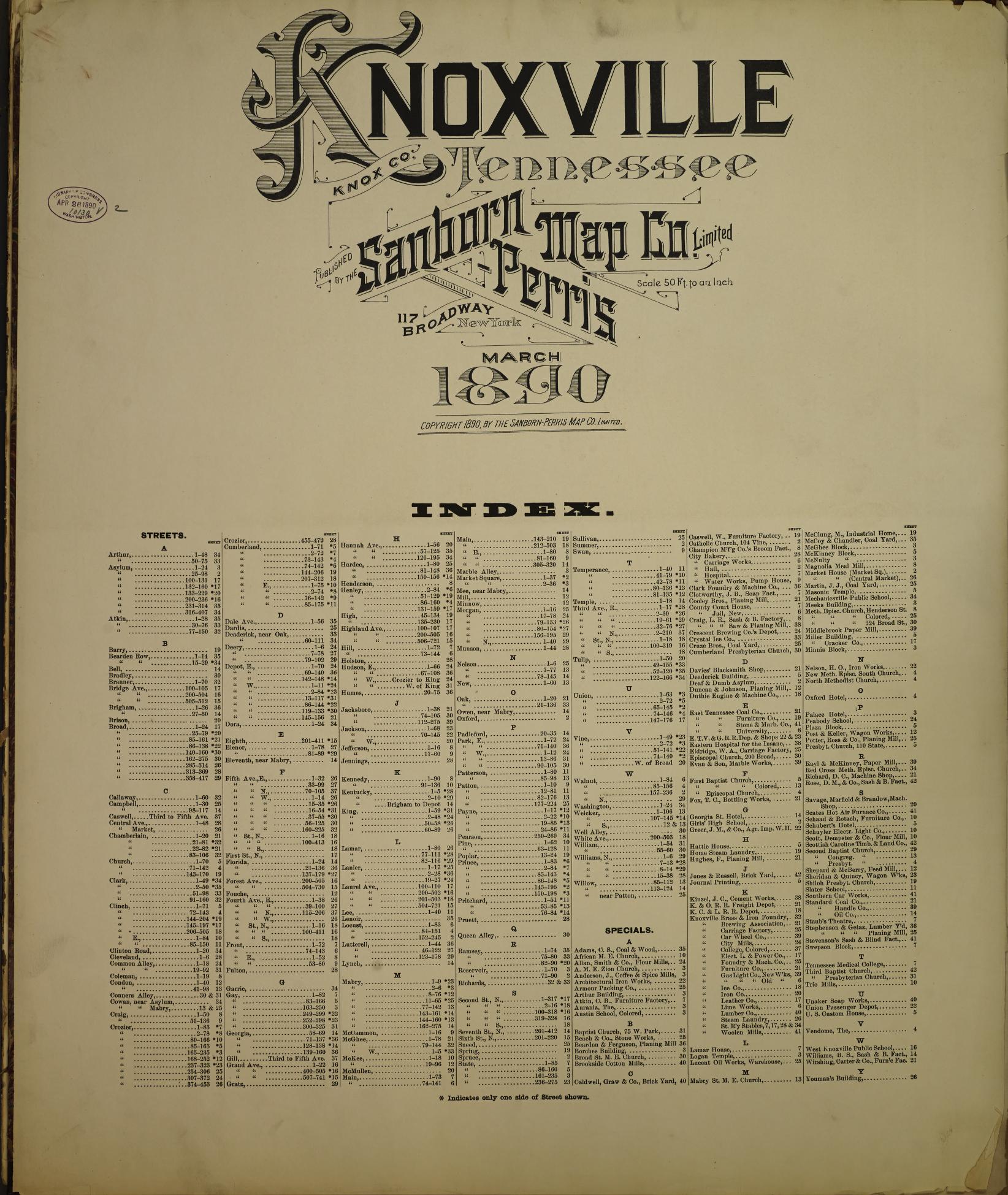 Sanborn Fire Insurance Map from Knoxville, Knox County, Tennessee. (1890) – Historic Sanborn Fire Insurance Map Print