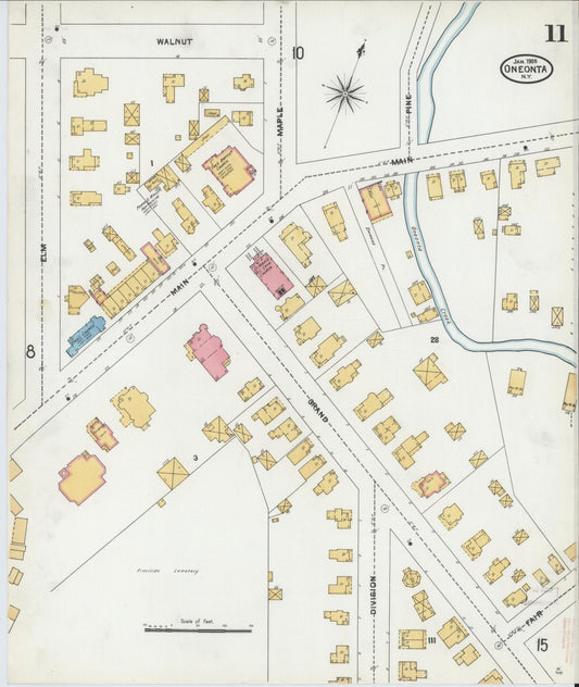 Sanborn Fire Insurance Map from Oneonta, Otsego County, New York (1905), Sheet #0011 - Historic Sanborn Fire Insurance Map Print, vintage old map wall art, antique decor, genealogy gift, New York New York map