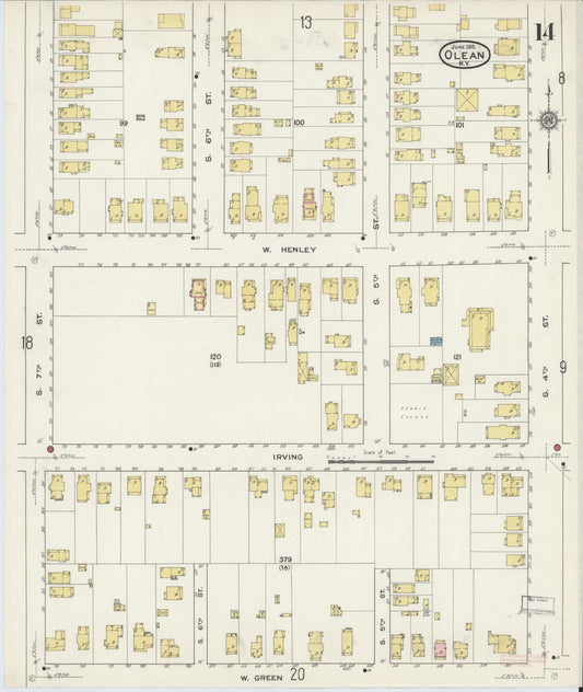 Sanborn Fire Insurance Map from Olean, Cattaraugus County, New York (1915), Sheet #0014 - Historic Sanborn Fire Insurance Map Print, vintage old map wall art, antique decor, genealogy gift, New York New York map