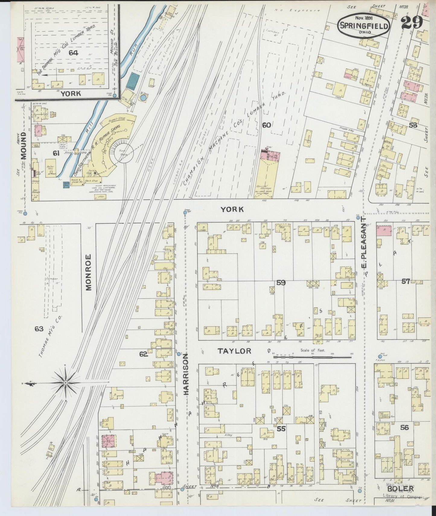 Sanborn Fire Insurance Map from Springfield, Clark County, Ohio (1891), Sheet #0029 - Complete Map Set gallery image, historic Sanborn map, vintage wall art, Ohio Ohio