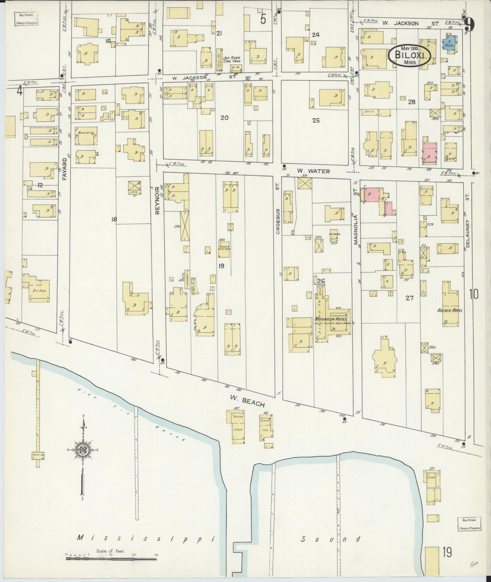 Sanborn Fire Insurance Map from Biloxi, Harrison County, Mississippi (1914), Sheet #0009 - Historic Sanborn Fire Insurance Map Print, vintage old map wall art, antique decor, genealogy gift, Mississippi Mississippi map