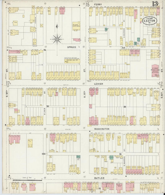 Sanborn Fire Insurance Map from Easton, Northampton County, Pennsylvania (1897), Sheet #0013 - Historic Sanborn Fire Insurance Map Print, vintage old map wall art, antique decor, genealogy gift, Pennsylvania Pennsylvania map
