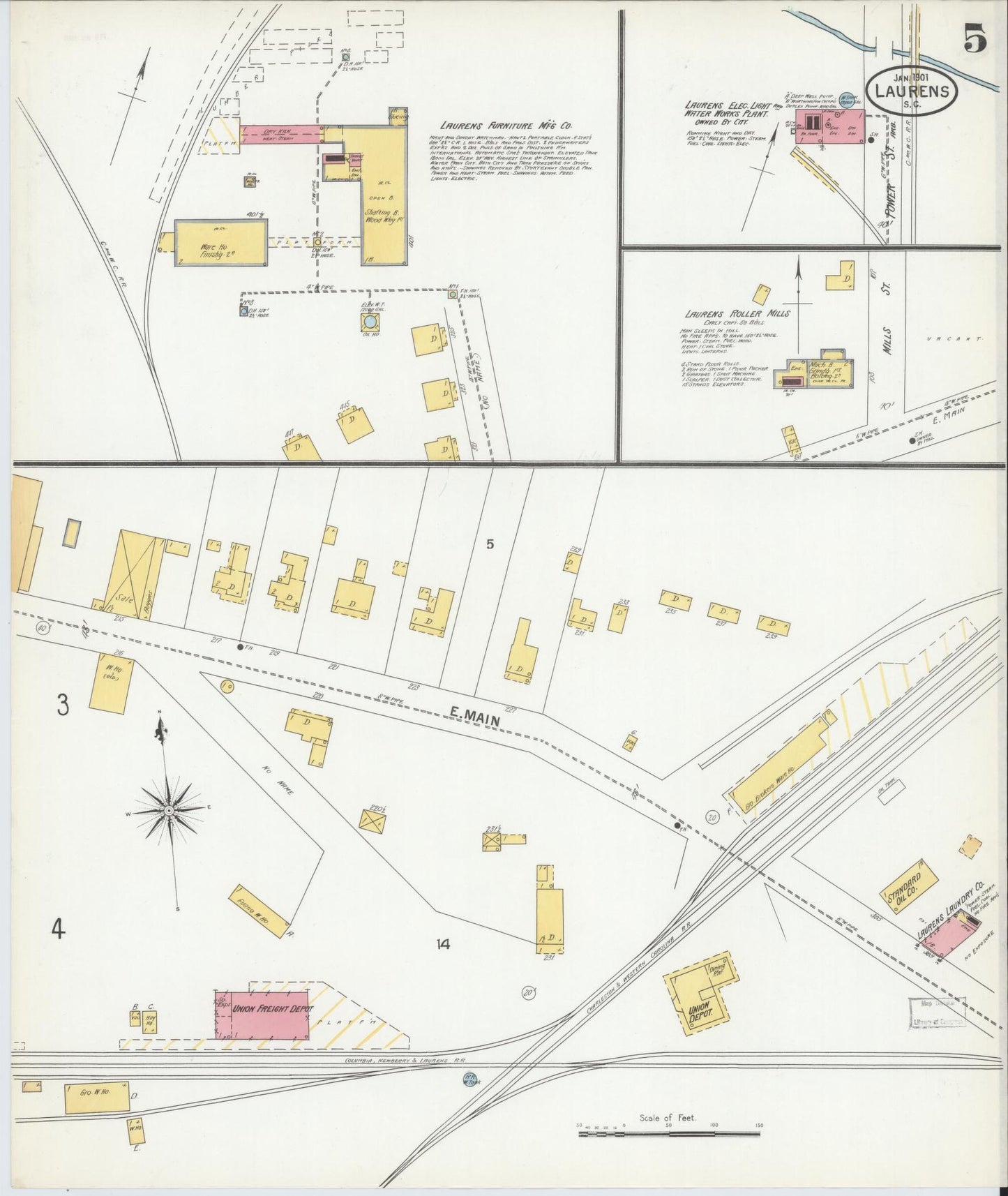 Sanborn Fire Insurance Map from Laurens, Laurens County, South Carolina (1901), Sheet #0005 - Complete Map Set gallery image, historic Sanborn map, vintage wall art, South Carolina South Carolina