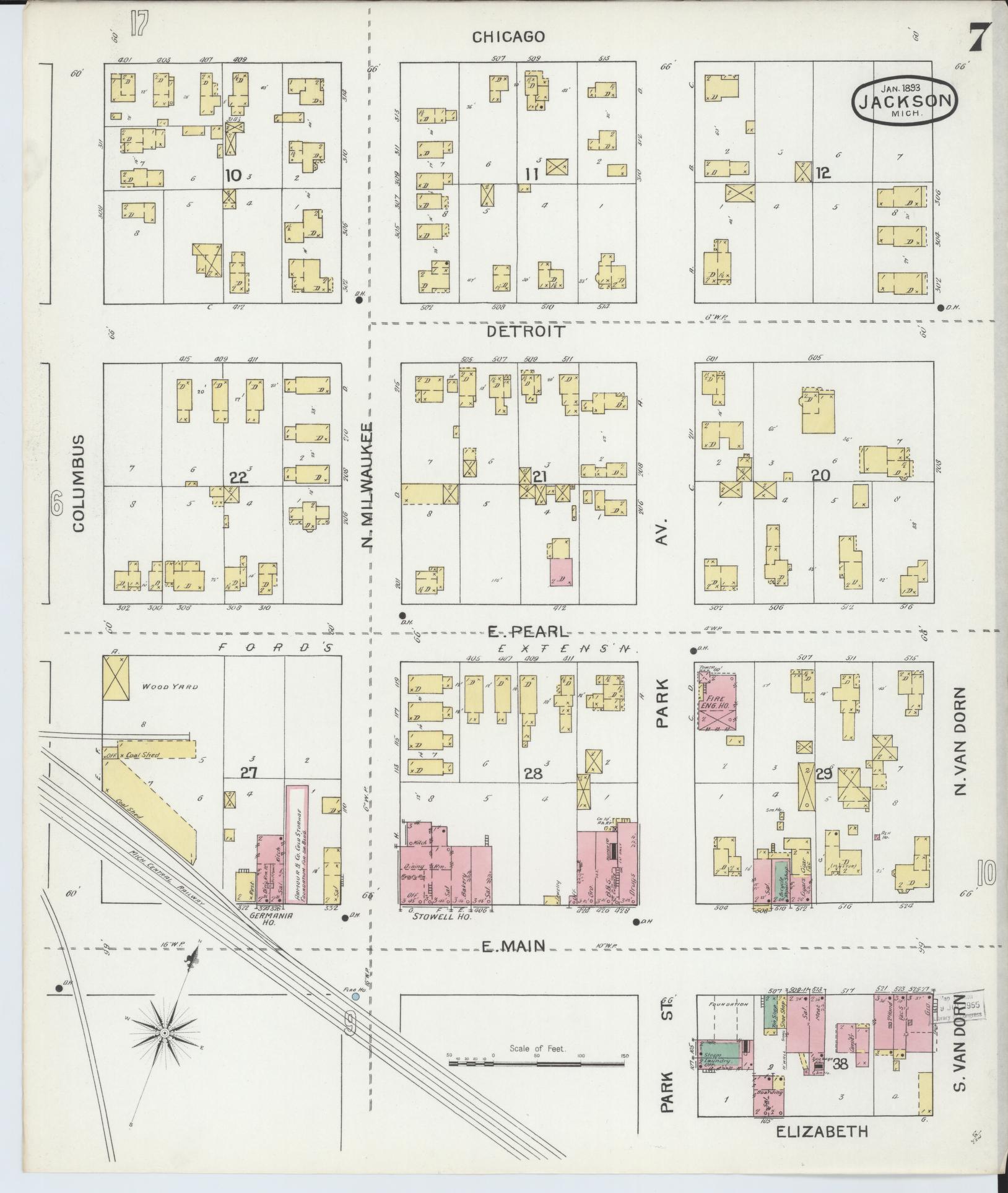 Sanborn Fire Insurance Map from Jackson, Jackson County, Michigan (1893), Sheet #0007 - Historic Sanborn Fire Insurance Map Print, vintage old map wall art, antique decor, genealogy gift, Michigan Michigan map