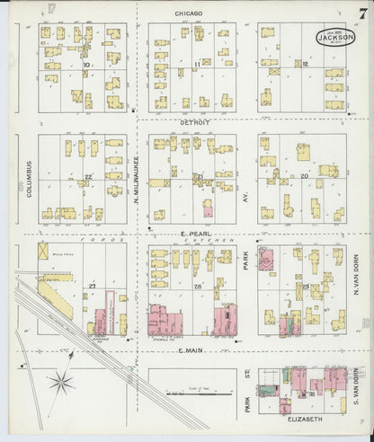 Sanborn Fire Insurance Map from Jackson, Jackson County, Michigan (1893), Sheet #0007 - Historic Sanborn Fire Insurance Map Print, vintage old map wall art, antique decor, genealogy gift, Michigan Michigan map
