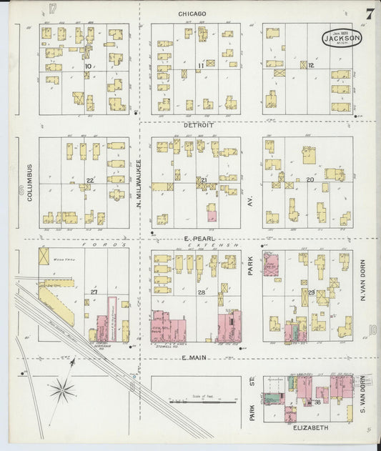 Sanborn Fire Insurance Map from Jackson, Jackson County, Michigan (1893), Sheet #0007 - Historic Sanborn Fire Insurance Map Print, vintage old map wall art, antique decor, genealogy gift, Michigan Michigan map