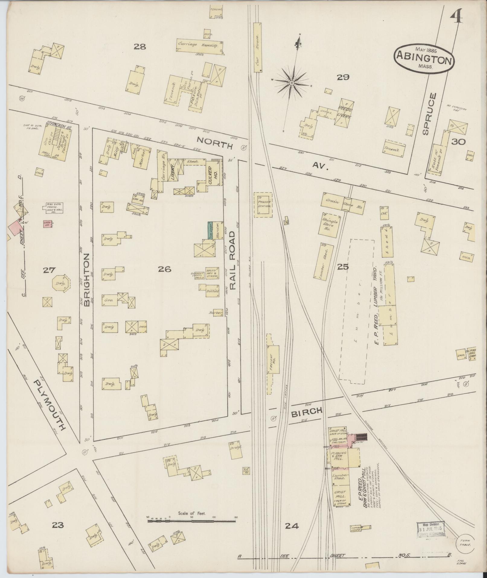 Sanborn Fire Insurance Map from Abington, Plymouth County, Massachusetts (1885), Sheet #0004 - Historic Sanborn Fire Insurance Map Print, vintage old map wall art, antique decor, genealogy gift, Massachusetts Massachusetts map