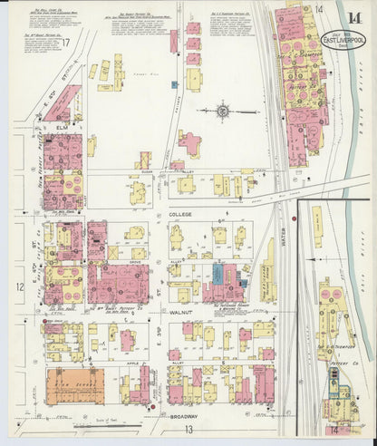 Sanborn Fire Insurance Map from East Liverpool, Columbiana County, Ohio (1913), Sheet #0014 - Historic Sanborn Fire Insurance Map Print, vintage old map wall art, antique decor, genealogy gift, Ohio Ohio map