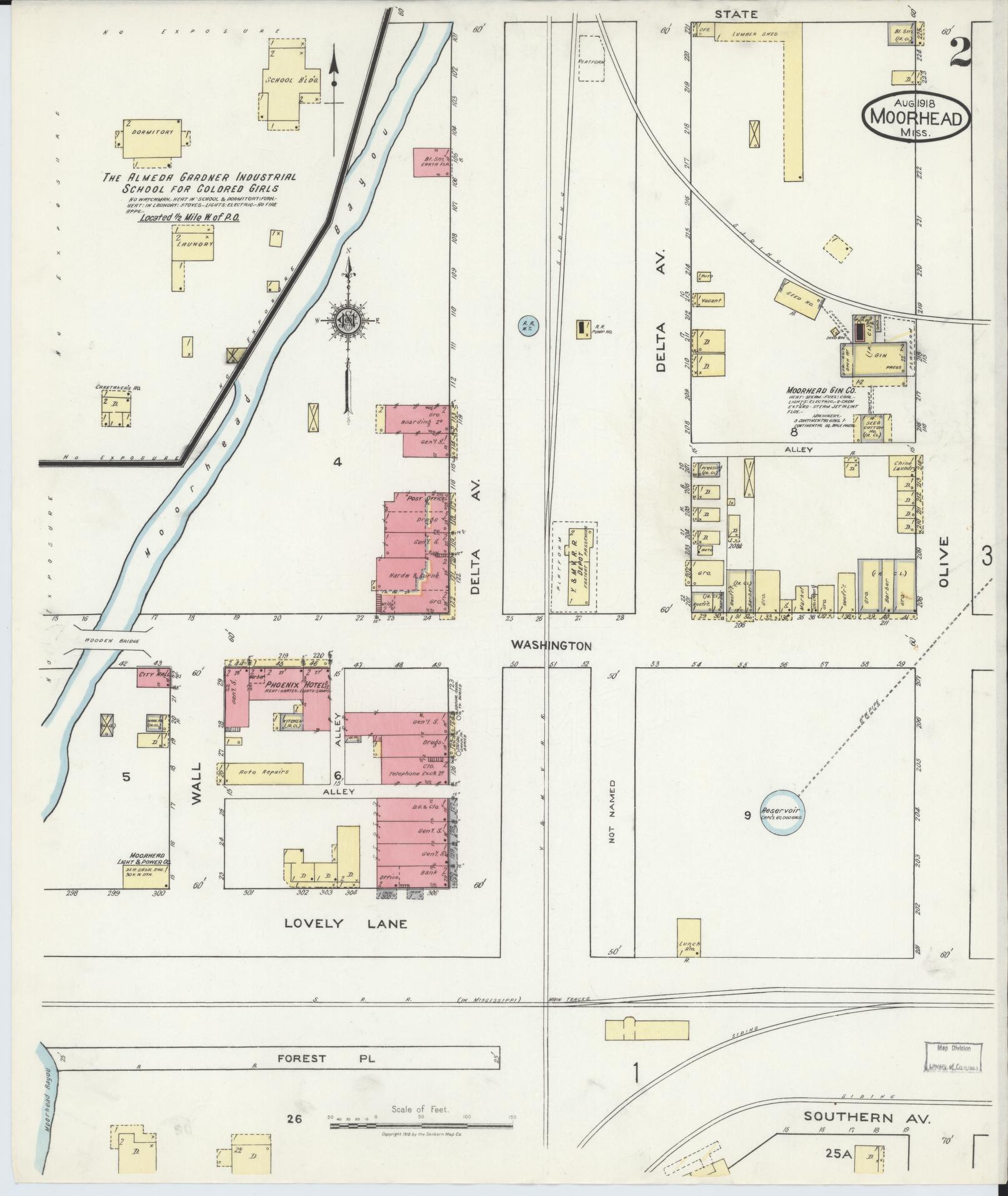 Sanborn Fire Insurance Map from Moorhead, Sunflower County, Mississippi (1918), Sheet #0002 - Complete Map Set gallery image, historic Sanborn map, vintage wall art, Mississippi Mississippi