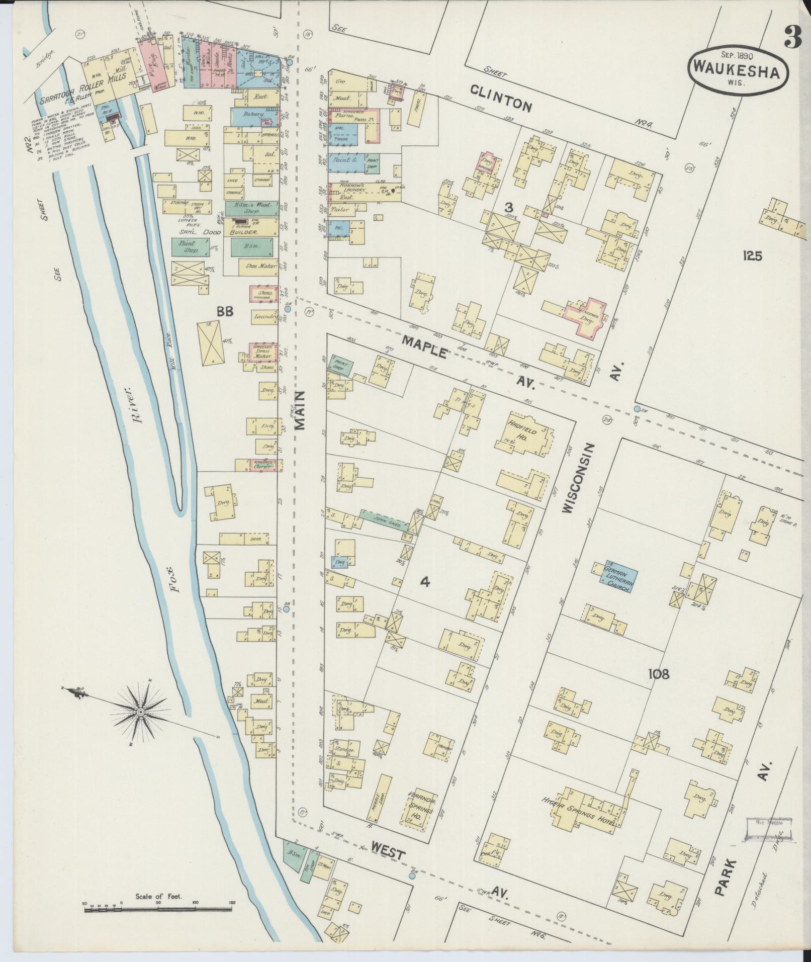 Sanborn Fire Insurance Map from Waukesha, Waukesha County, Wisconsin (1890), Sheet #0003 - Historic Sanborn Fire Insurance Map Print, vintage old map wall art, antique decor, genealogy gift, Wisconsin Wisconsin map