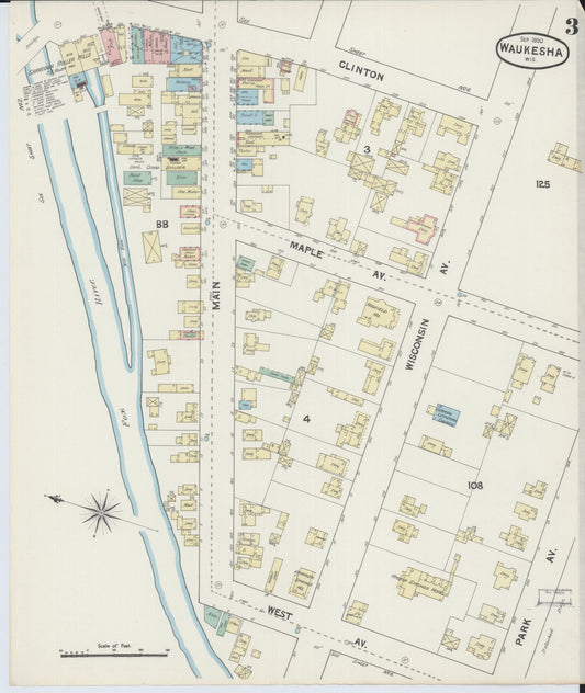 Sanborn Fire Insurance Map from Waukesha, Waukesha County, Wisconsin (1890), Sheet #0003 - Historic Sanborn Fire Insurance Map Print, vintage old map wall art, antique decor, genealogy gift, Wisconsin Wisconsin map