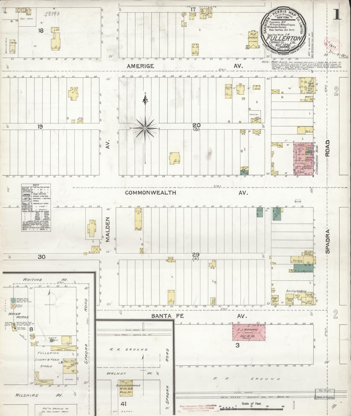 Sanborn Fire Insurance Map from Fullerton, Orange County, California (1894), Sheet #0001 - Historic Sanborn Fire Insurance Map Print, vintage old map wall art, antique decor, genealogy gift, California California map