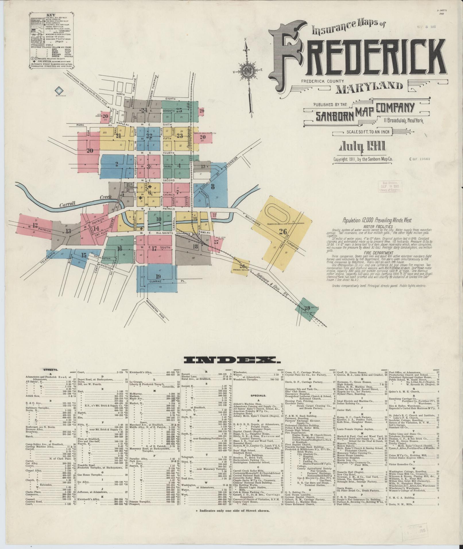 Sanborn Fire Insurance Map from Frederick, Frederick County, Maryland (1911), Sheet #0001 - Historic Sanborn Fire Insurance Map Print, vintage old map wall art, antique decor, genealogy gift, Maryland Maryland map
