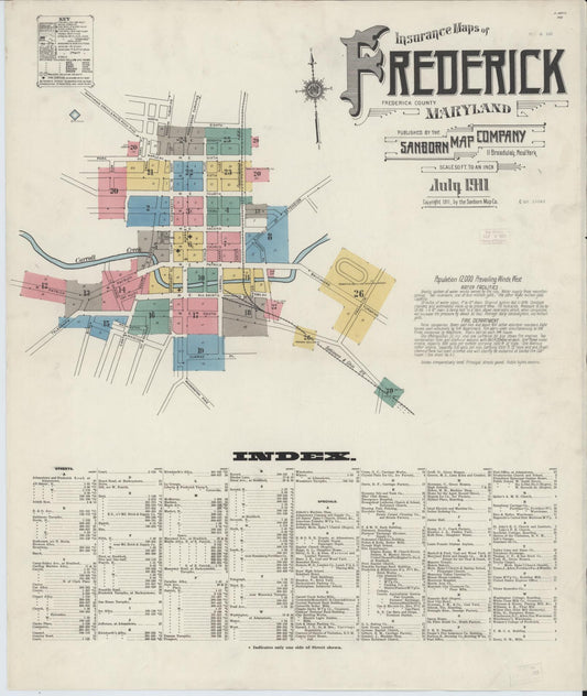 Sanborn Fire Insurance Map from Frederick, Frederick County, Maryland (1911), Sheet #0001 - Historic Sanborn Fire Insurance Map Print, vintage old map wall art, antique decor, genealogy gift, Maryland Maryland map