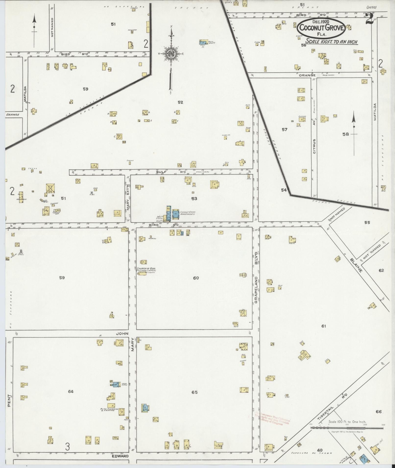 Sanborn Fire Insurance Map from Coconut Grove, Dade County, Florida (1920), Sheet #0002 - Complete Map Set gallery image, historic Sanborn map, vintage wall art, Florida Florida