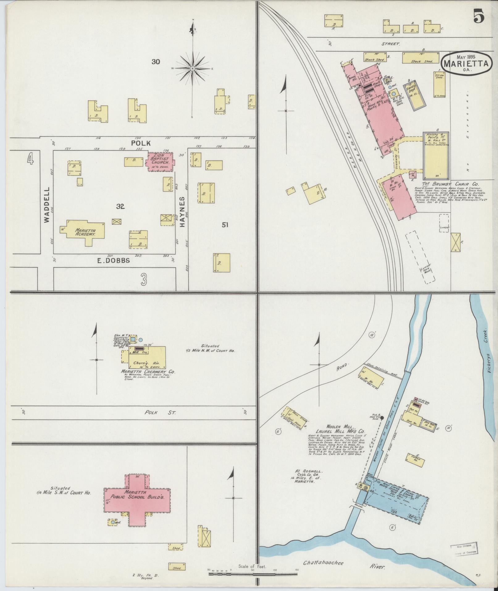 Sanborn Fire Insurance Map from Marietta, Cobb County, Georgia (1895), Sheet #0005 - Complete Map Set gallery image, historic Sanborn map, vintage wall art, Georgia Georgia