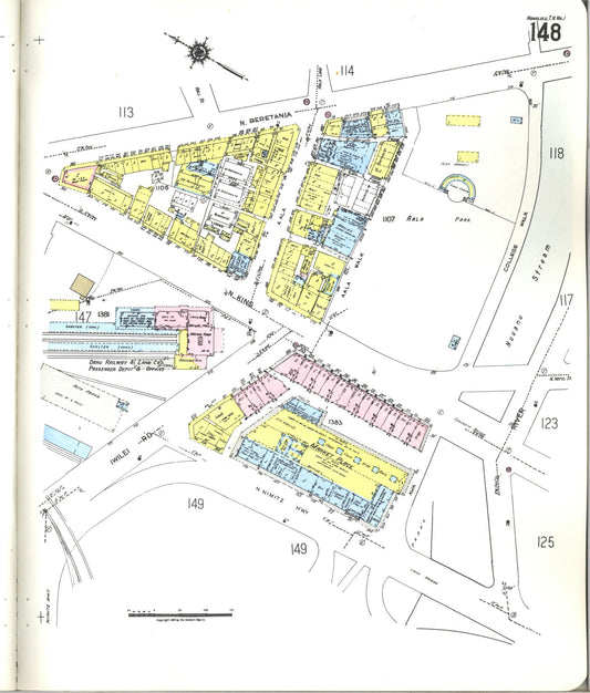 Sanborn Fire Insurance Map from Honolulu, Oahu County, Hawaii (1955), Sheet #0148 - Historic Sanborn Fire Insurance Map Print, vintage old map wall art