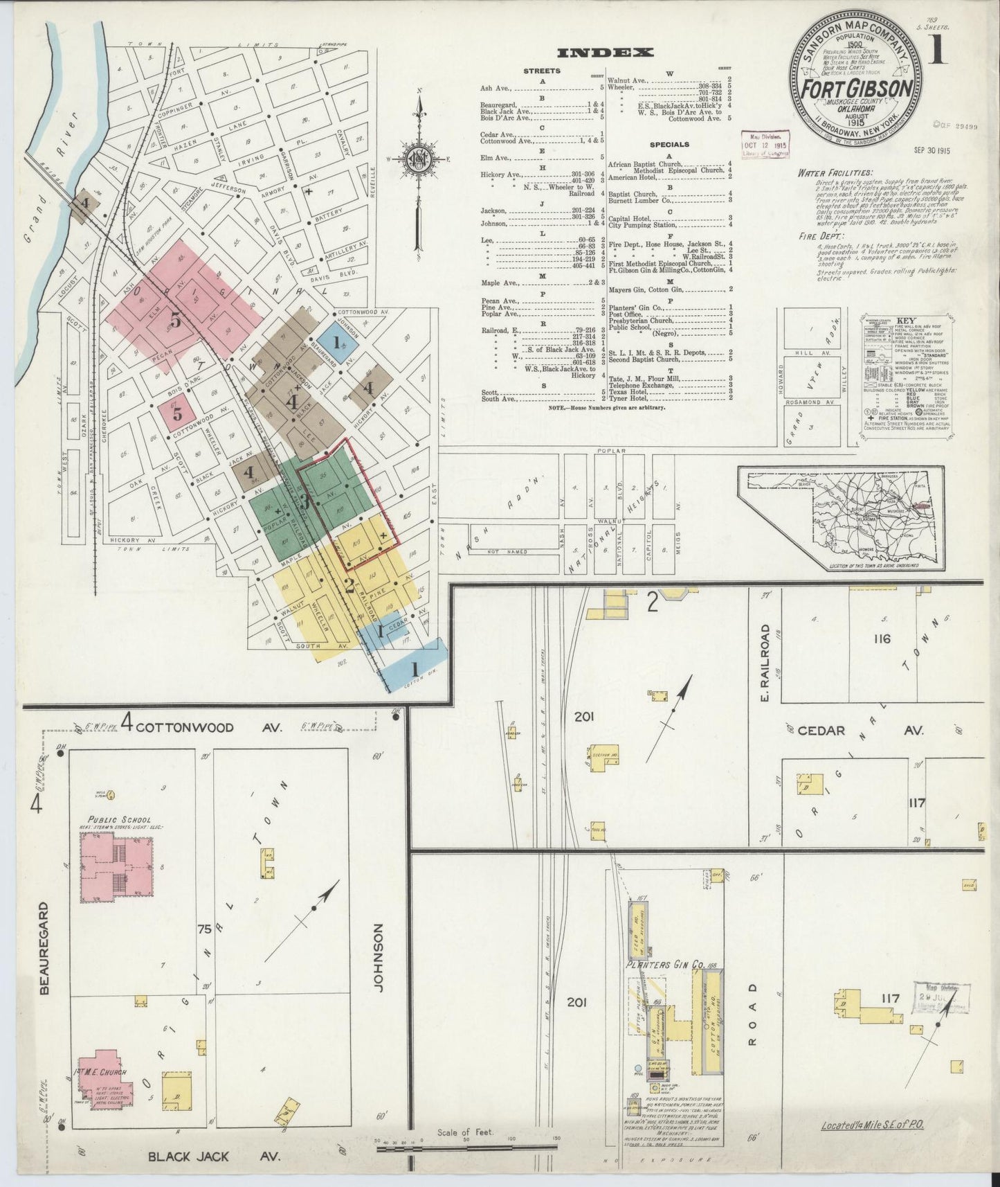 Sanborn Fire Insurance Map from Fort Gibson, Muskogee County, Oklahoma (1915), Sheet #0001 - Historic Sanborn Fire Insurance Map Print, vintage old map wall art, antique decor, genealogy gift, Oklahoma Oklahoma map