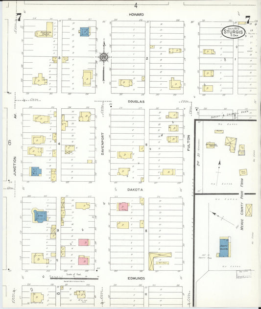 Sanborn Fire Insurance Map from Sturgis, Meade County, South Dakota (1923), Sheet #0007 - Historic Sanborn Fire Insurance Map Print, vintage old map wall art, antique decor, genealogy gift, South Dakota South Dakota map