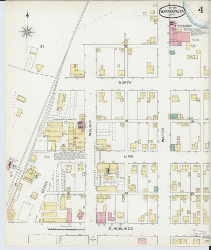Sanborn Fire Insurance Map from Wapakoneta, Auglaize County, Ohio (1892), Sheet #0004 - Historic Sanborn Fire Insurance Map Print, vintage old map wall art, antique decor, genealogy gift, Ohio Ohio map
