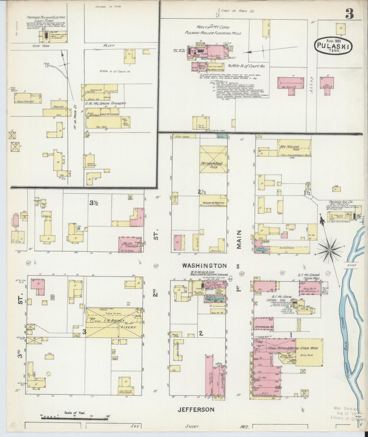 Sanborn Fire Insurance Map from Pulaski, Giles County, Tennessee (1891), Sheet #0003 - Complete Map Set gallery image, historic Sanborn map, vintage wall art, Tennessee Tennessee