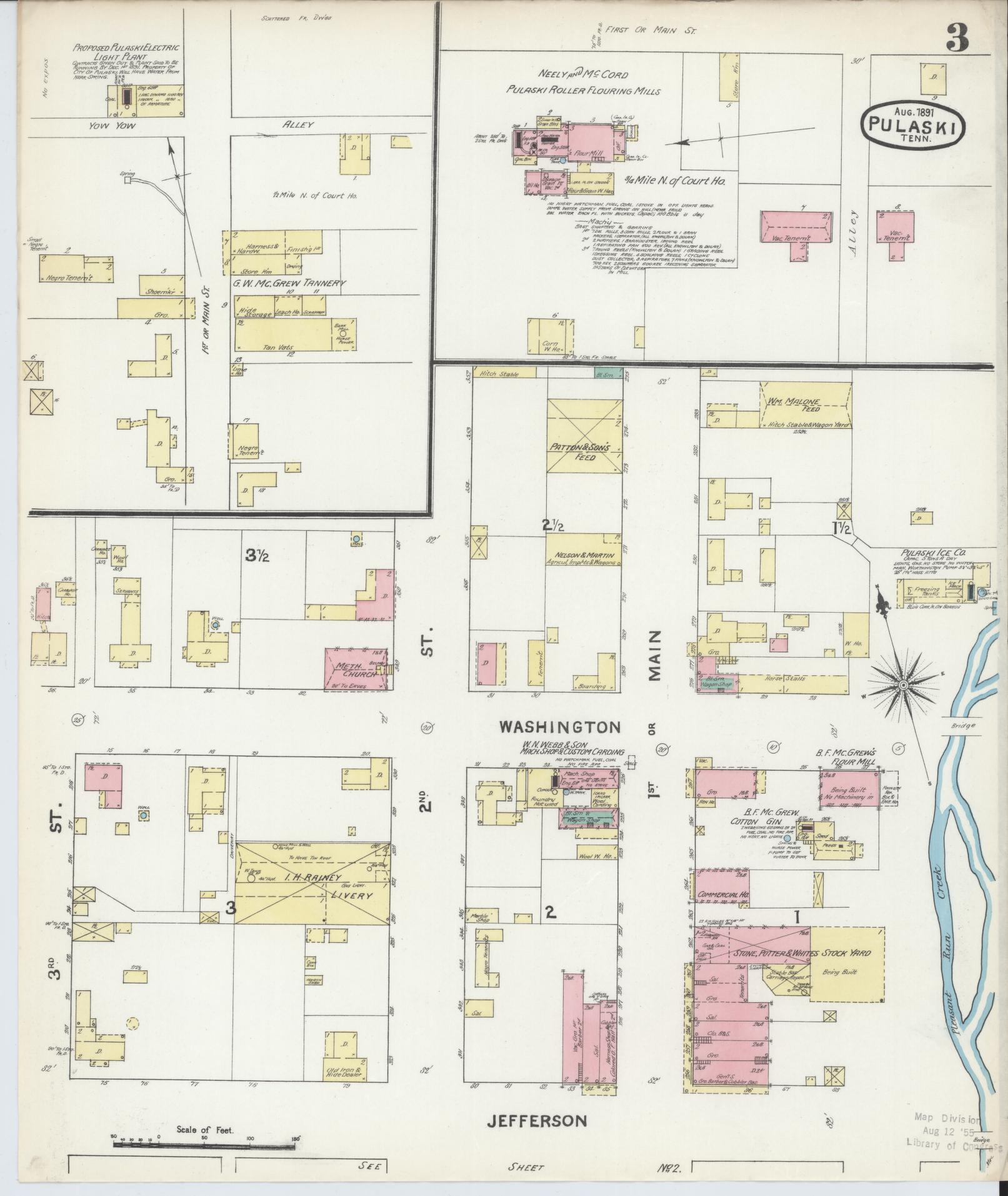 Sanborn Fire Insurance Map from Pulaski, Giles County, Tennessee (1891), Sheet #0003 - Complete Map Set gallery image, historic Sanborn map, vintage wall art, Tennessee Tennessee