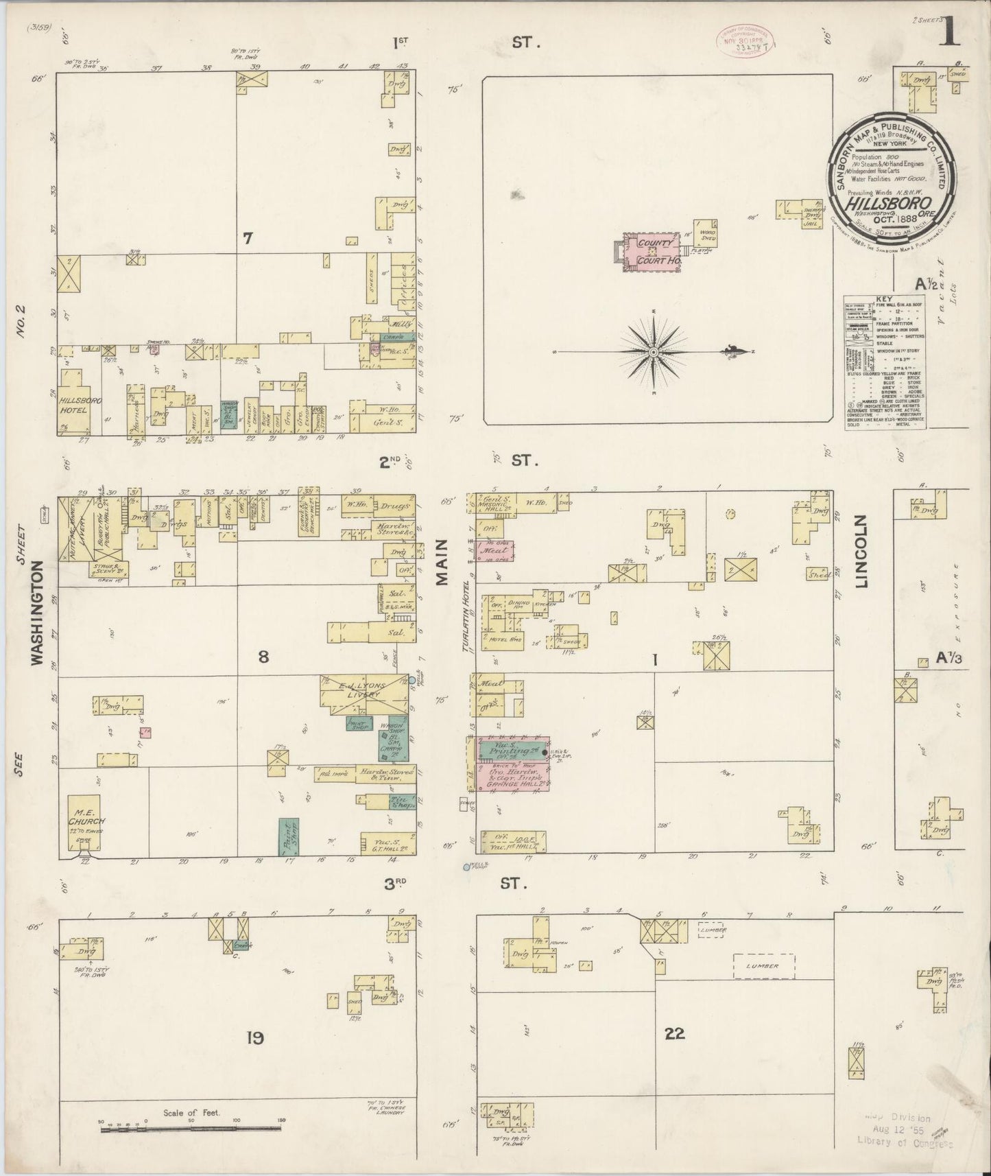 Sanborn Fire Insurance Map from Hillsboro, Washington County, Oregon (1888), Sheet #0001 - Historic Sanborn Fire Insurance Map Print, vintage old map wall art, antique decor, genealogy gift, Oregon Oregon map