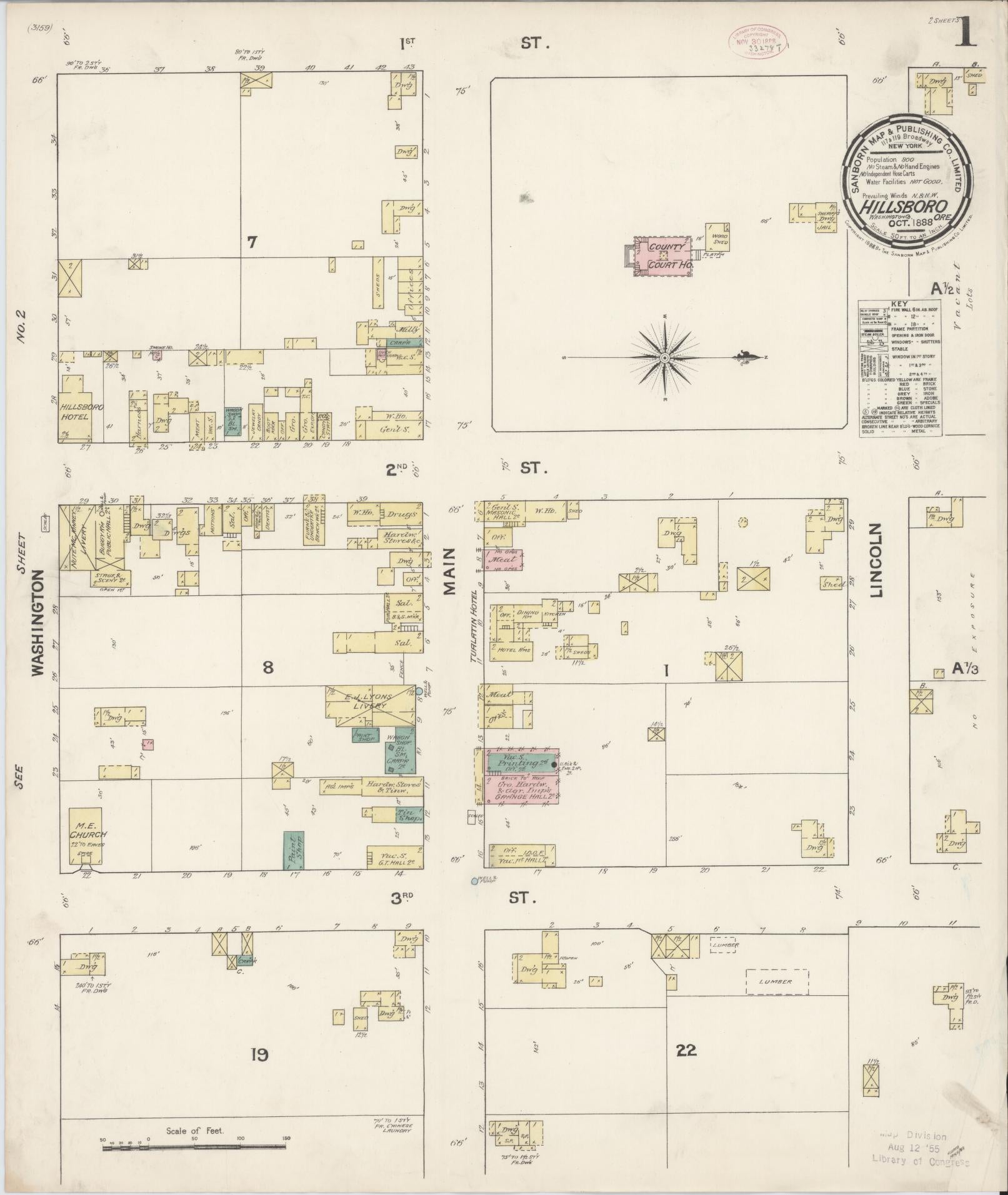 Sanborn Fire Insurance Map from Hillsboro, Washington County, Oregon (1888), Sheet #0001 - Historic Sanborn Fire Insurance Map Print, vintage old map wall art, antique decor, genealogy gift, Oregon Oregon map