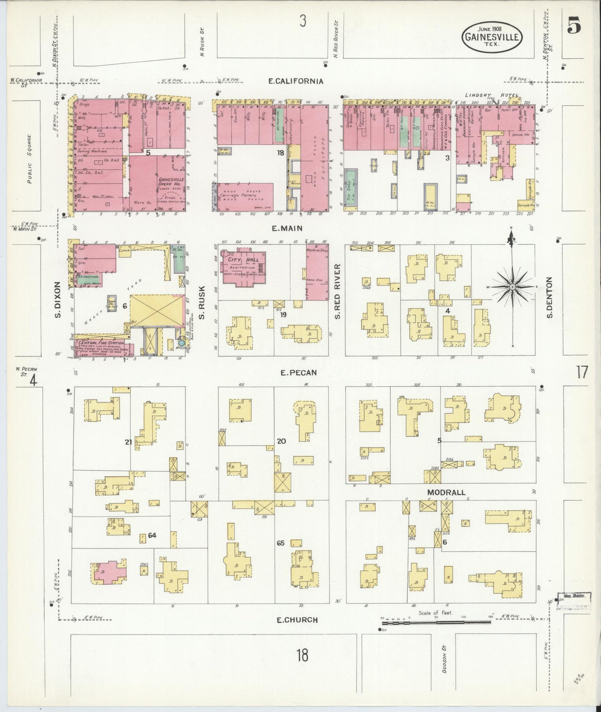 Sanborn Fire Insurance Map from Gainesville, Cooke County, Texas (1908), Sheet #0005 - Historic Sanborn Fire Insurance Map Print, vintage old map wall art, antique decor, genealogy gift, Texas Texas map