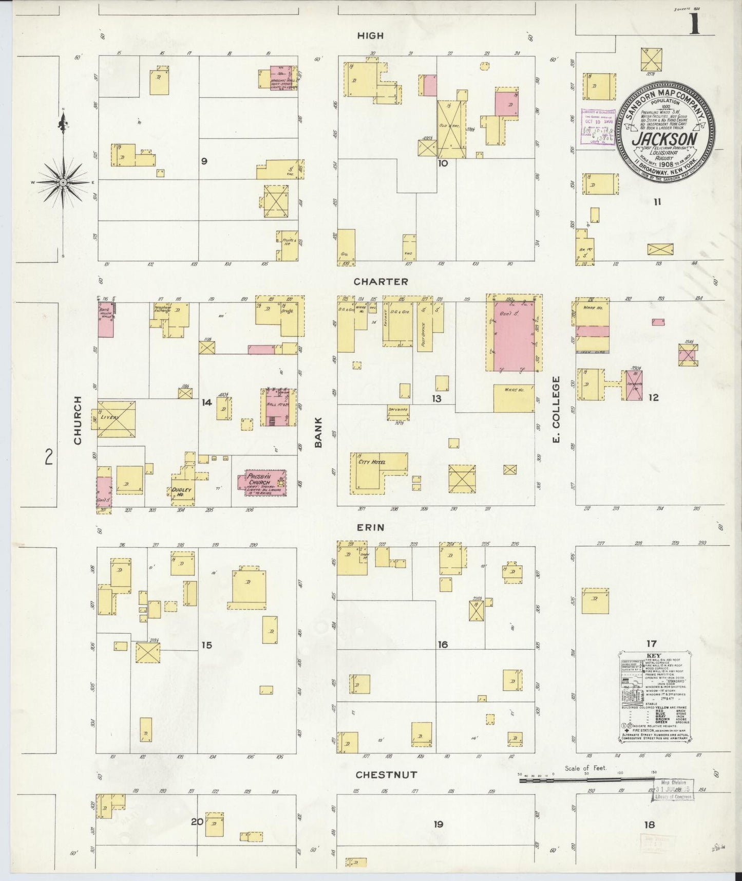 Sanborn Fire Insurance Map from Jackson, East Feliciana Parish, Louisiana (1908), Sheet #0001 - Complete Map Set gallery image, historic Sanborn map, vintage wall art, Louisiana Louisiana
