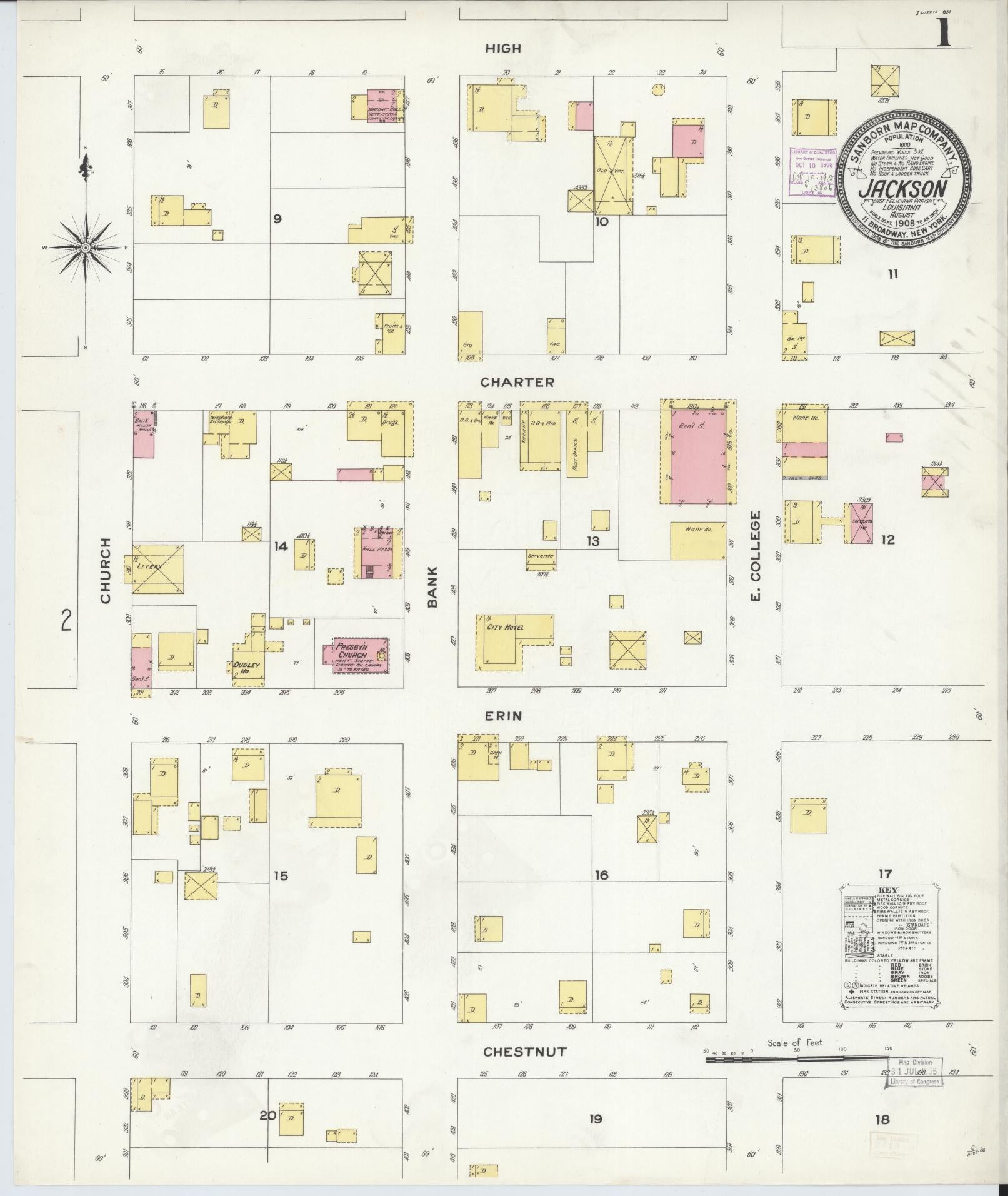 Sanborn Fire Insurance Map from Jackson, East Feliciana Parish, Louisiana (1908), Sheet #0001 - Complete Map Set gallery image, historic Sanborn map, vintage wall art, Louisiana Louisiana