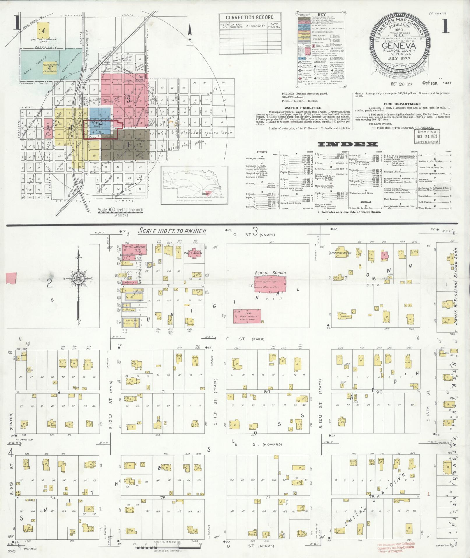 Sanborn Fire Insurance Map from Geneva, Fillmore County, Nebraska (1933), Sheet #0001 - Complete Map Set gallery image, historic Sanborn map, vintage wall art, Nebraska Nebraska