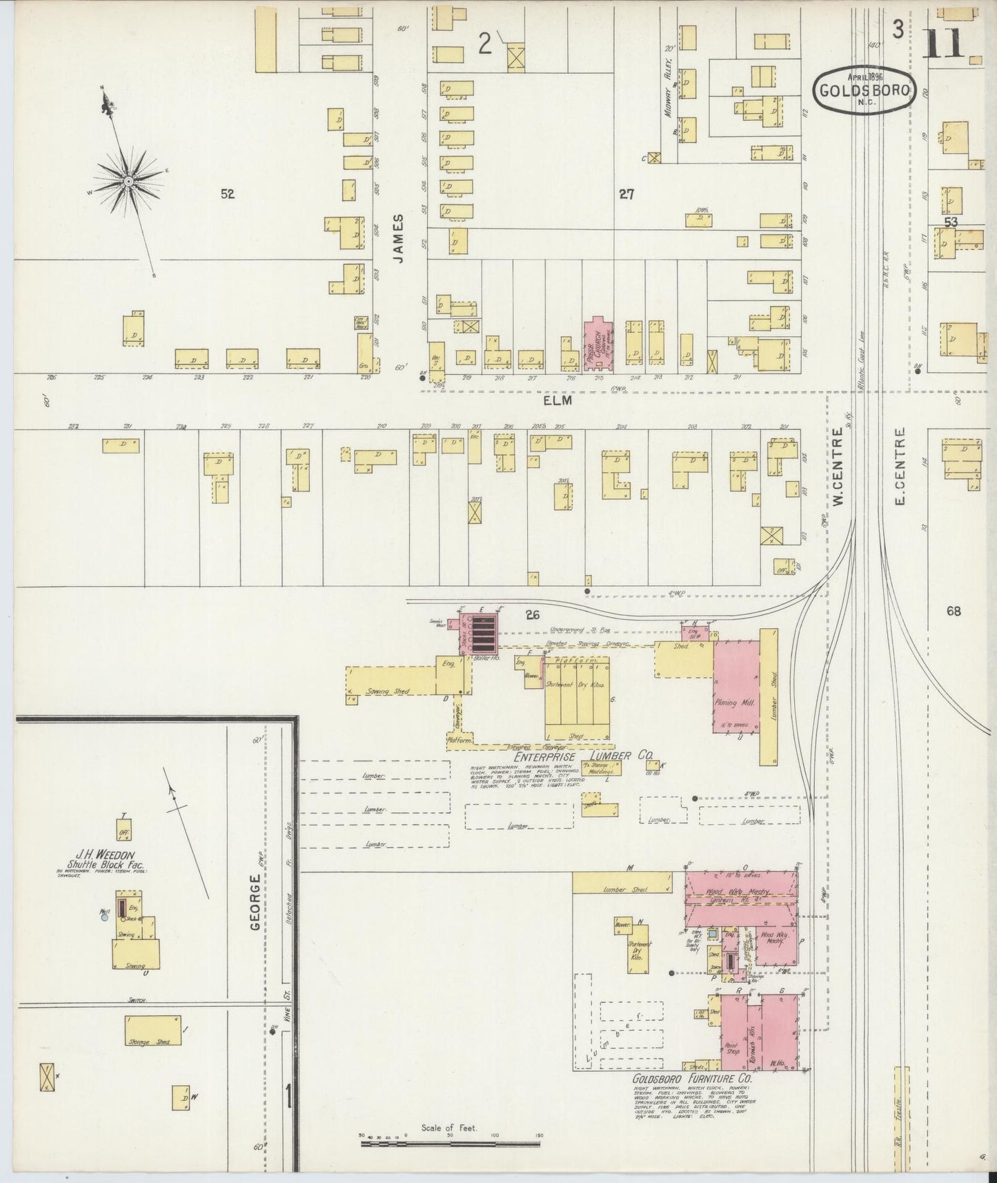 Sanborn Fire Insurance Map from Goldsboro, Wayne County, North Carolina (1896), Sheet #0011 - Historic Sanborn Fire Insurance Map Print, vintage old map wall art, antique decor, genealogy gift, North Carolina North Carolina map