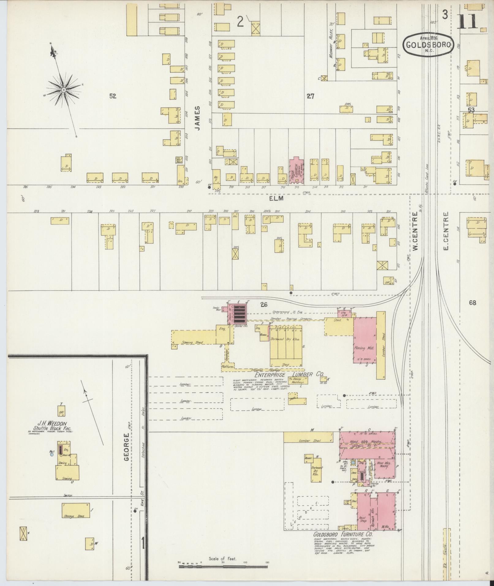 Sanborn Fire Insurance Map from Goldsboro, Wayne County, North Carolina (1896), Sheet #0011 - Historic Sanborn Fire Insurance Map Print, vintage old map wall art, antique decor, genealogy gift, North Carolina North Carolina map
