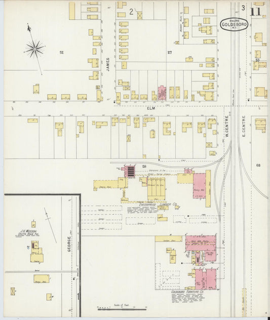 Sanborn Fire Insurance Map from Goldsboro, Wayne County, North Carolina (1896), Sheet #0011 - Historic Sanborn Fire Insurance Map Print, vintage old map wall art, antique decor, genealogy gift, North Carolina North Carolina map
