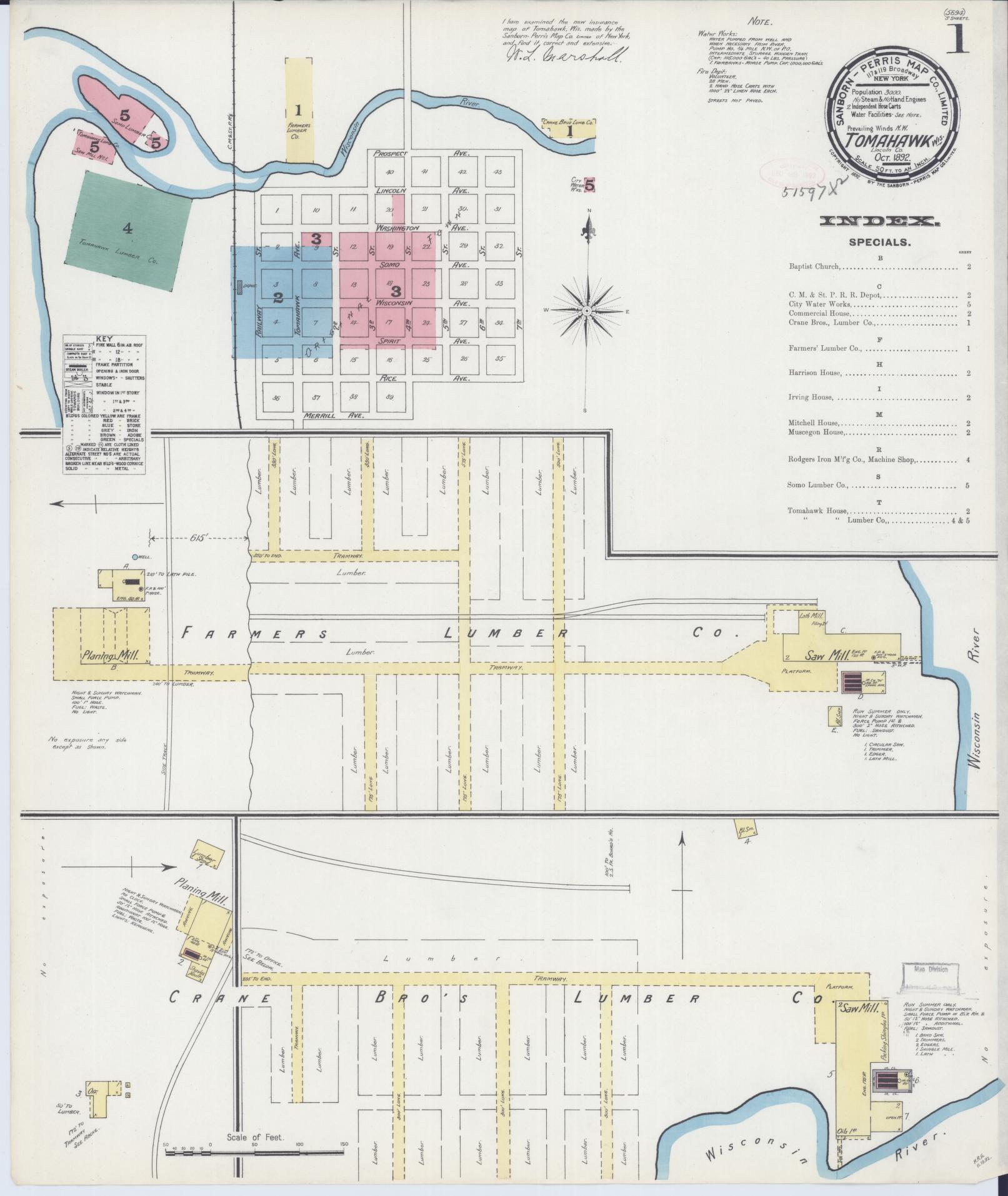 Sanborn Fire Insurance Map from Tomahawk, Lincoln County, Wisconsin (1892), Sheet #0001 - Complete Map Set gallery image, historic Sanborn map, vintage wall art, Wisconsin Wisconsin