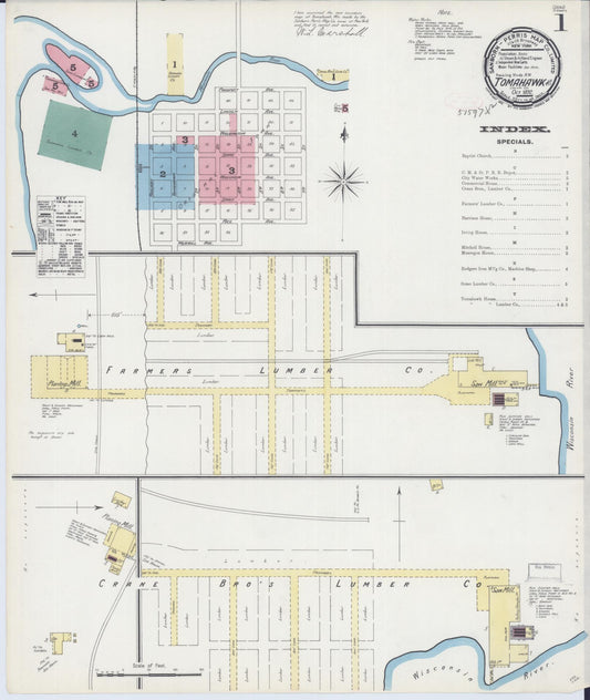 Sanborn Fire Insurance Map from Tomahawk, Lincoln County, Wisconsin (1892), Sheet #0001 - Complete Map Set gallery image, historic Sanborn map, vintage wall art, Wisconsin Wisconsin