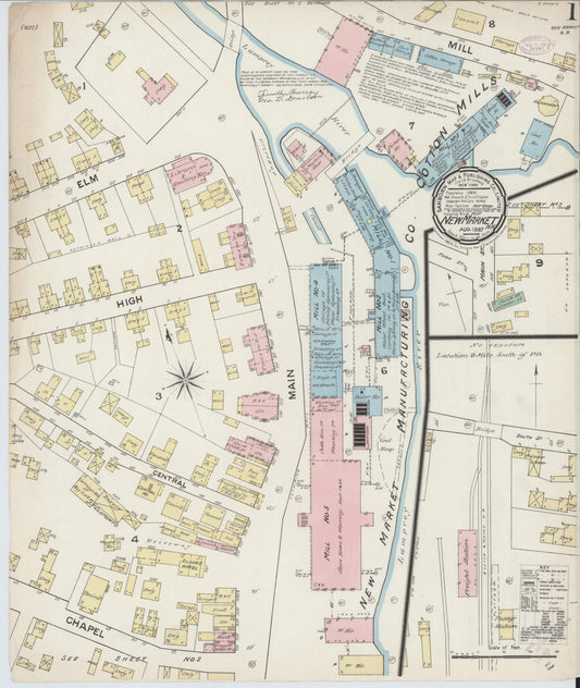 Sanborn Fire Insurance Map from New Market, Rockingham County, New Hampshire (1887), Sheet #0001 - Historic Sanborn Fire Insurance Map Print, vintage old map wall art, antique decor, genealogy gift, New Hampshire New Hampshire map