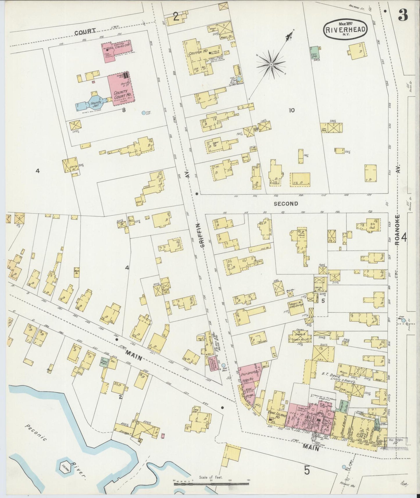 Sanborn Fire Insurance Map from Riverhead, Suffolk County, New York (1897), Sheet #0003 - Historic Sanborn Fire Insurance Map Print, vintage old map wall art, antique decor, genealogy gift, New York New York map