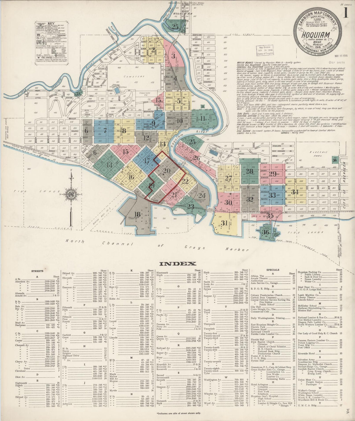 Sanborn Fire Insurance Map from Hoquiam, Grays Harbor County, Washington (1916), Sheet #0001 - Historic Sanborn Fire Insurance Map Print, vintage old map wall art, antique decor, genealogy gift, Washington Washington map