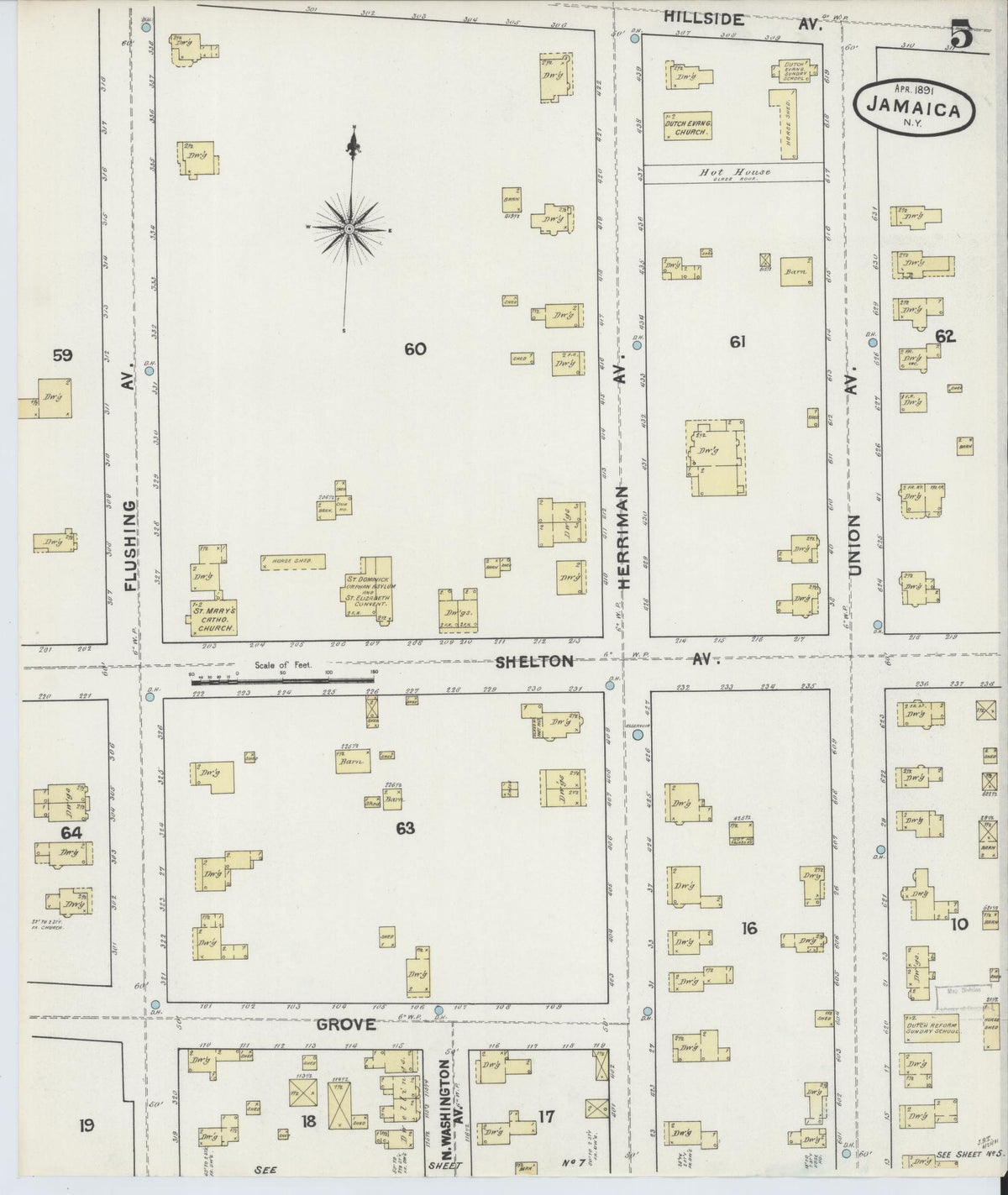 Sanborn Fire Insurance Map from Jamaica, Queens County, New York (1891), Sheet #0005 - Historic Sanborn Fire Insurance Map Print, vintage old map wall art, antique decor, genealogy gift, New York New York map