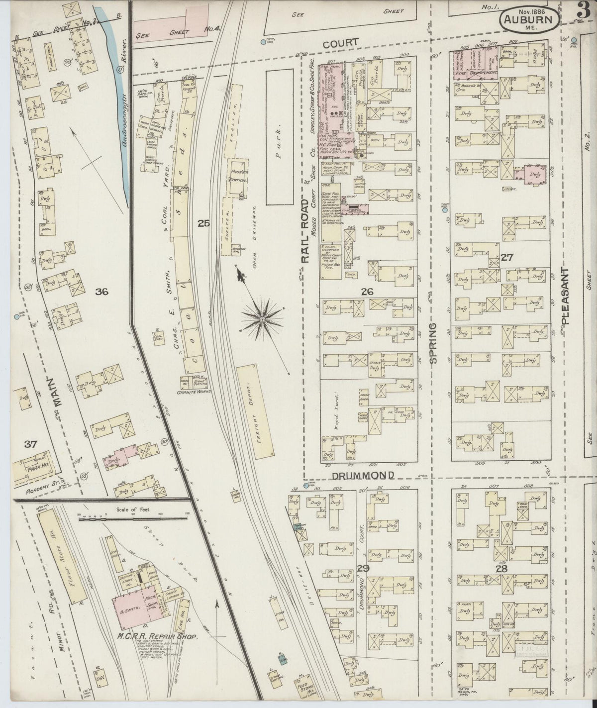 Sanborn Fire Insurance Map from Auburn, Androscoggin County, Maine (1886), Sheet #0003 - Complete Map Set gallery image, historic Sanborn map, vintage wall art, Maine Maine
